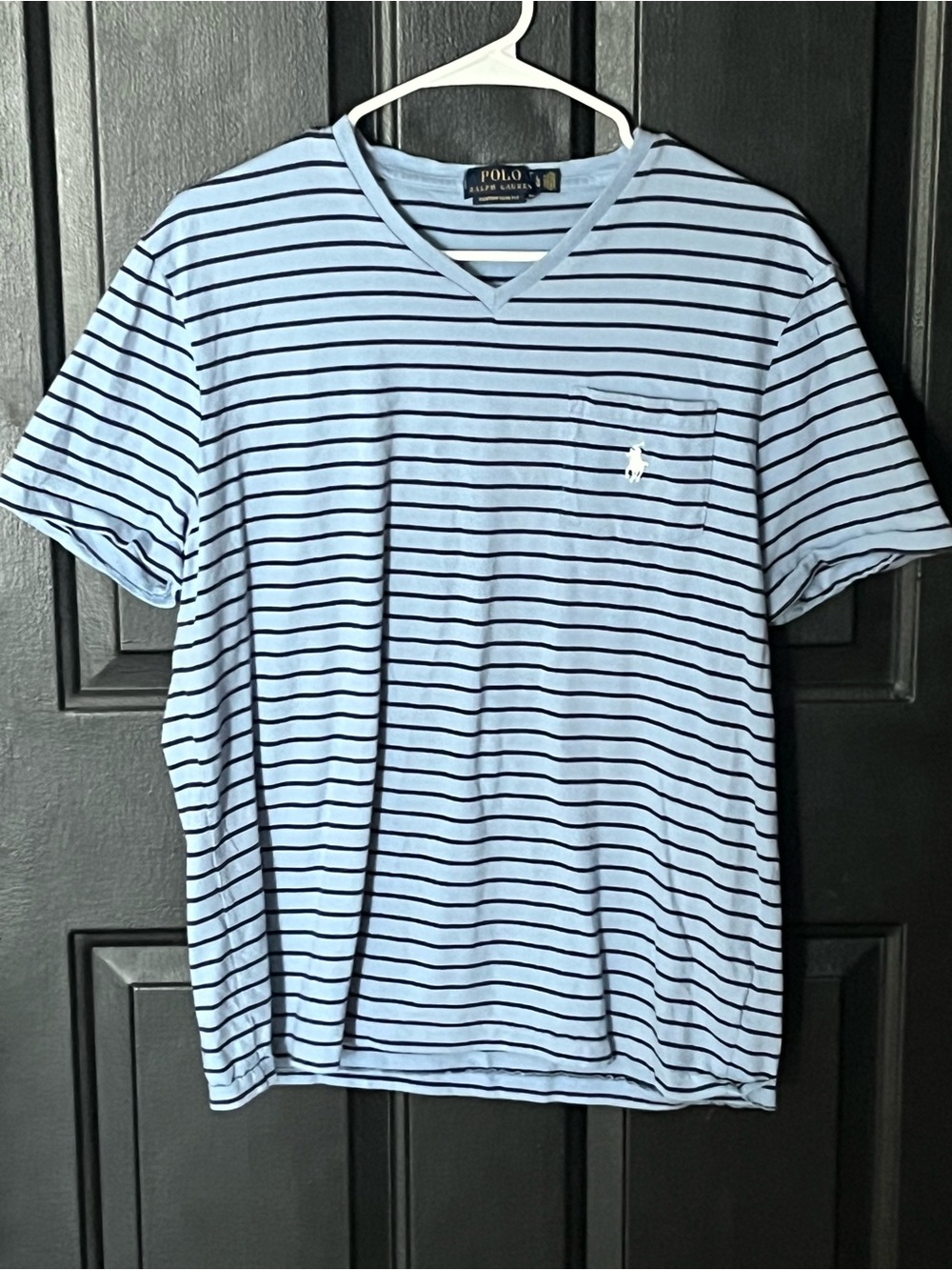 Ralph Lauren Light Blue & Navy Striped V-Neck Pocket Tee